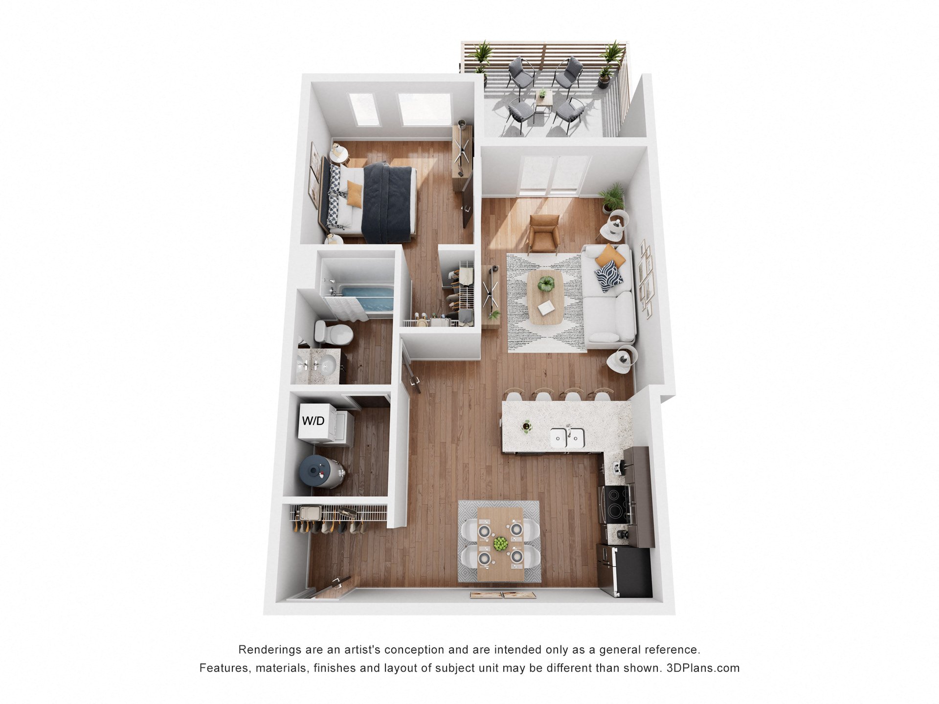 Floor plan for 1 bed, 1 bath, 650 sqft